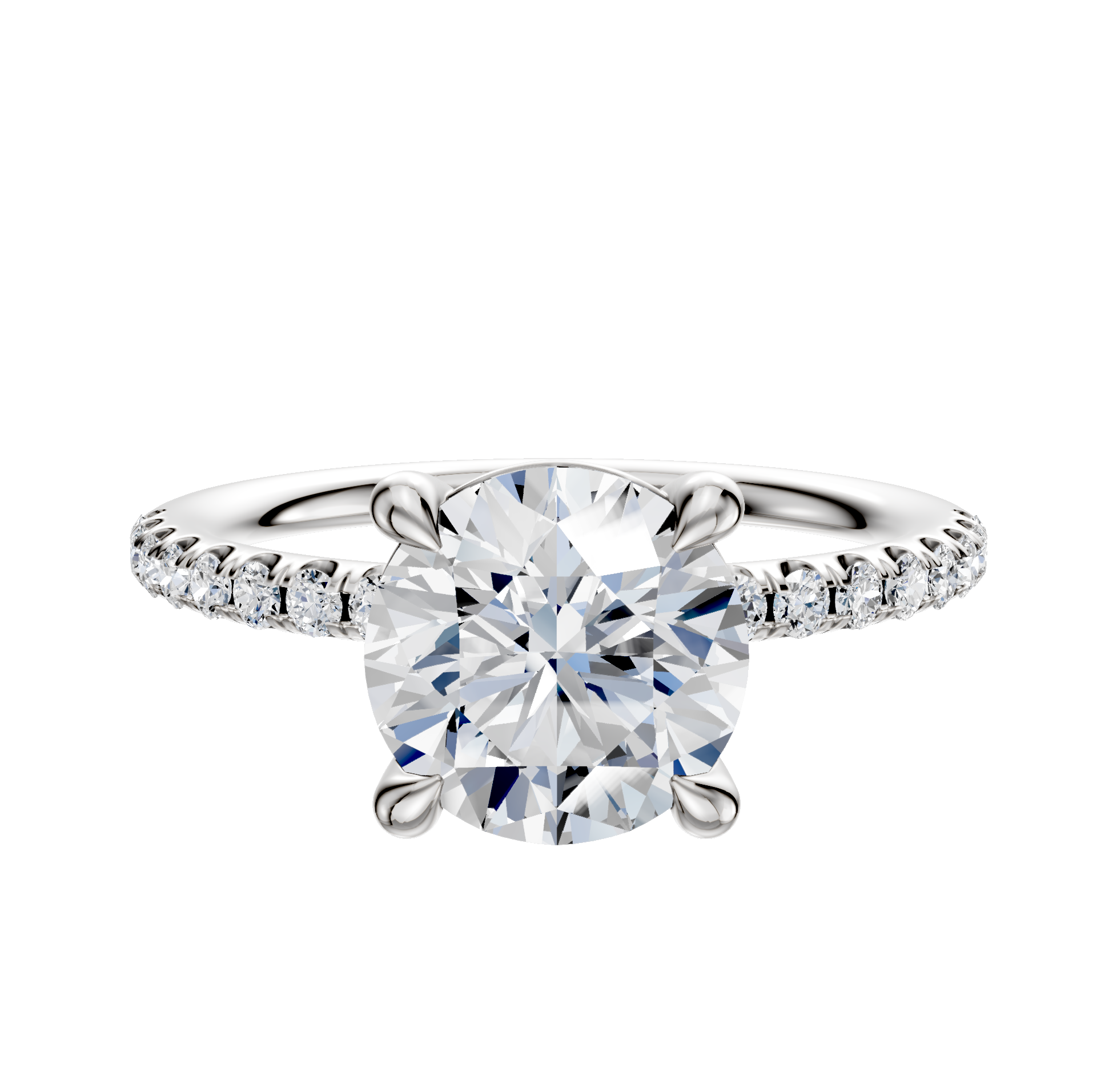The 14K White Gold 4 Prong Basket Classic Dome 1-Row-Pave 2.5mm Engagement Ring features a round center stone held by four prongs and a band adorned with a row of sparkling pave-set diamonds.
