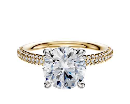 14K Two Tone 4 Prong Basket Classic Dome 3-Row-Pave 2.0mm Engagement Ring