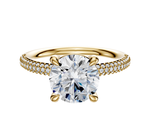 14K Yellow Gold 4 Prong Basket Classic Dome 3-Row-Pave 2.0mm Engagement Ring