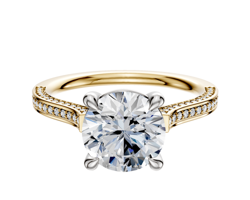 14K Two Tone 4 Prong Basket Cathedral Flat 3-Row-Pave 2.0mm Engagement Ring