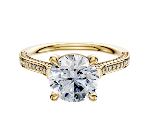 18K Yellow Gold 4 Prong Basket Cathedral Flat 3-Row-Pave 2.0mm Engagement Ring