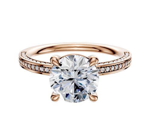 18K Rose Gold 4 Prong Basket Classic Flat 3-Row-Pave 2.0mm Engagement Ring