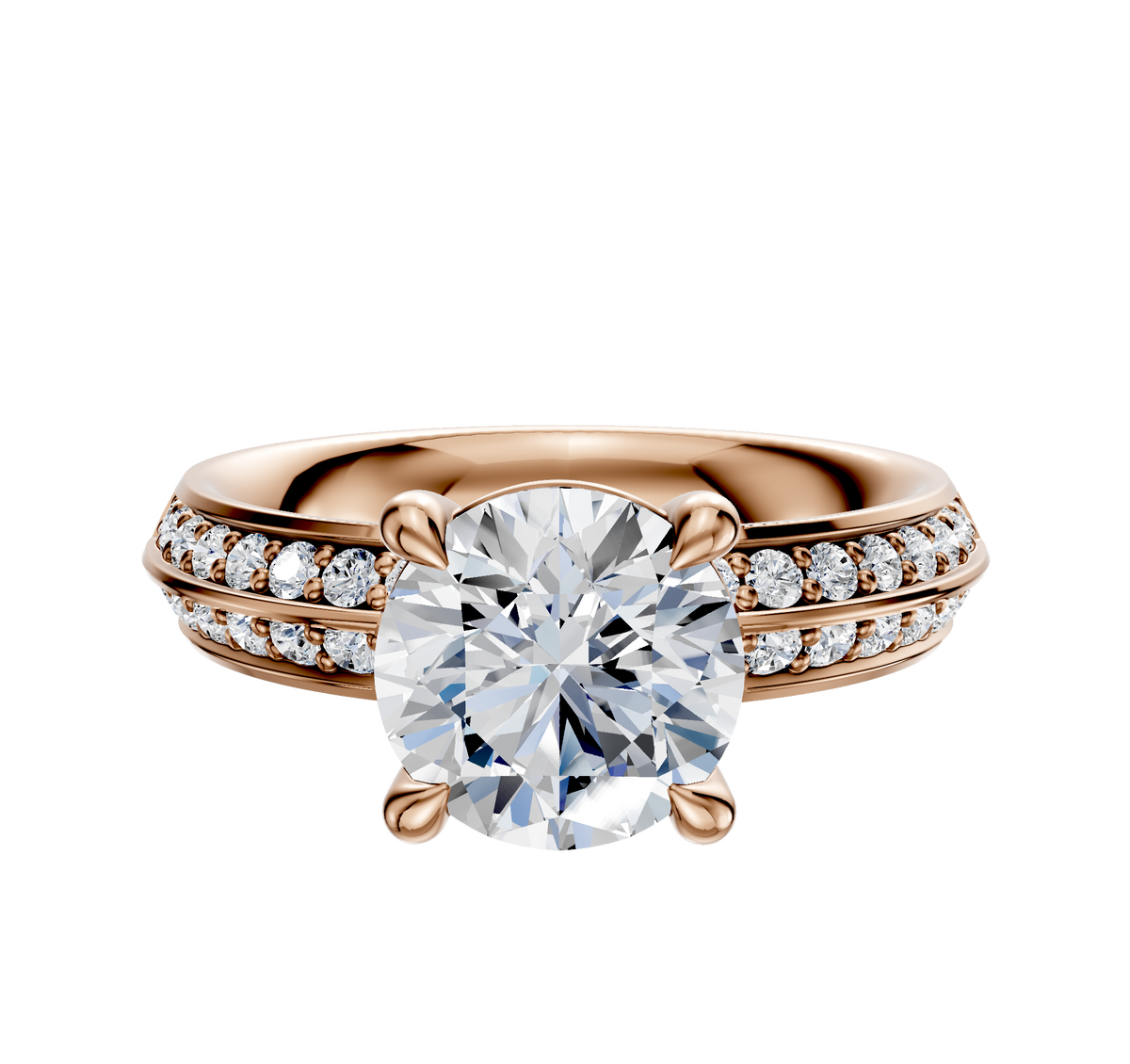 A 14K rose gold engagement ring featuring a classic knife-edge band, a four-prong basket setting for the center diamond, and a single row of pave-set diamonds along each side.