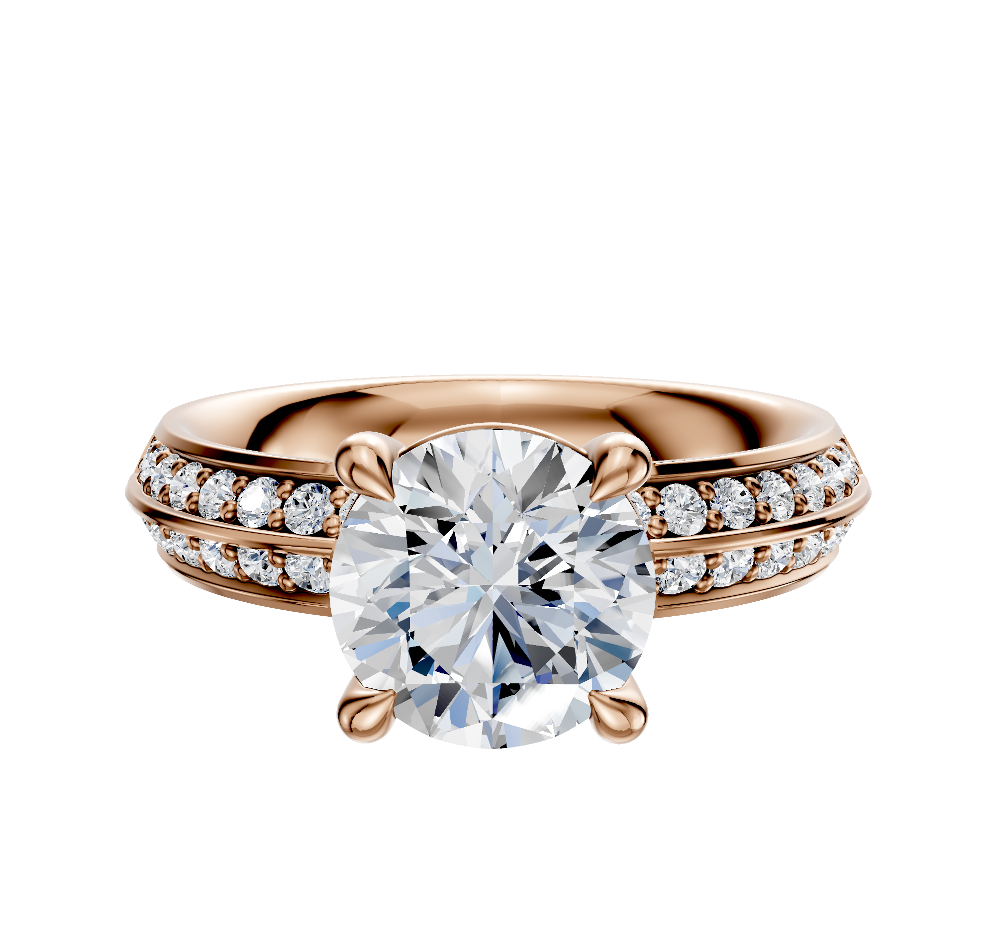 A 14K rose gold engagement ring featuring a classic knife-edge band, a four-prong basket setting for the center diamond, and a single row of pave-set diamonds along each side.