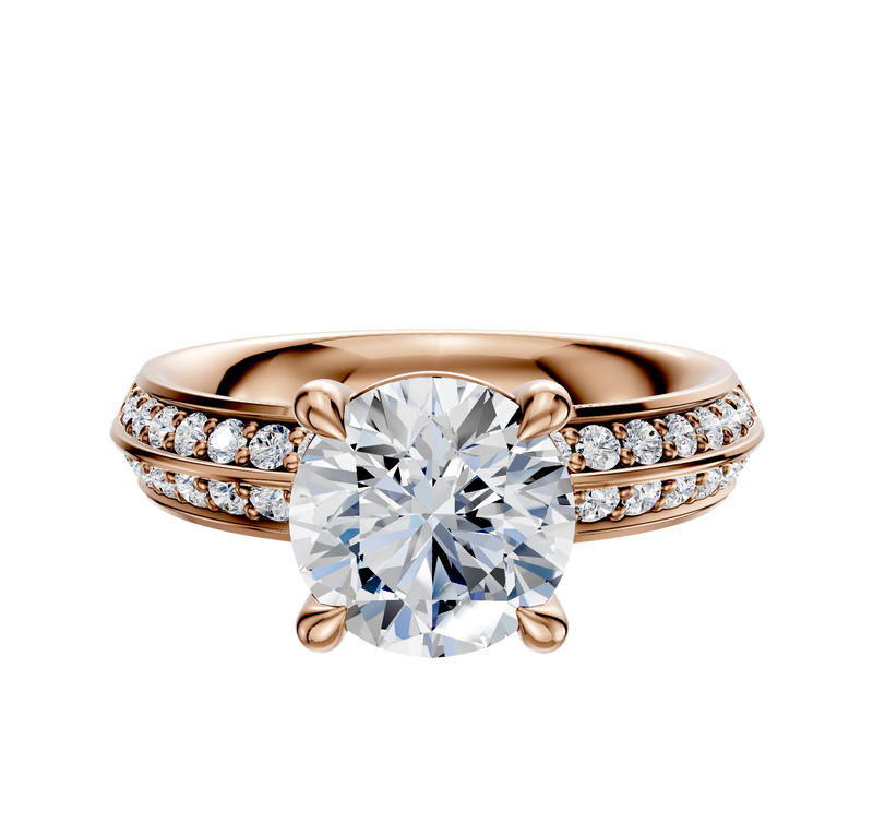 A 14K rose gold engagement ring featuring a classic knife-edge band, a four-prong basket setting for the center diamond, and a single row of pave-set diamonds along each side.