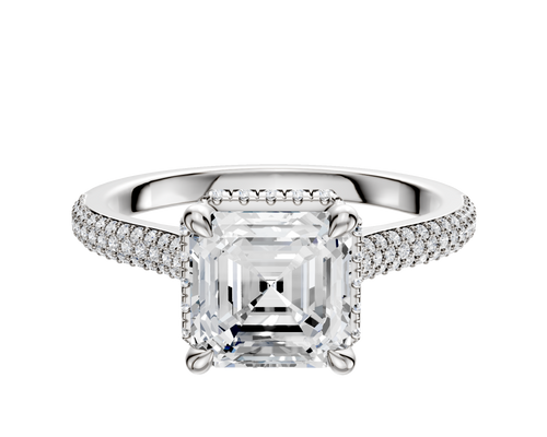 14K White Gold 4 Prong Collar Cathedral Dome 3-Row-Pave 2.0mm Engagement Ring