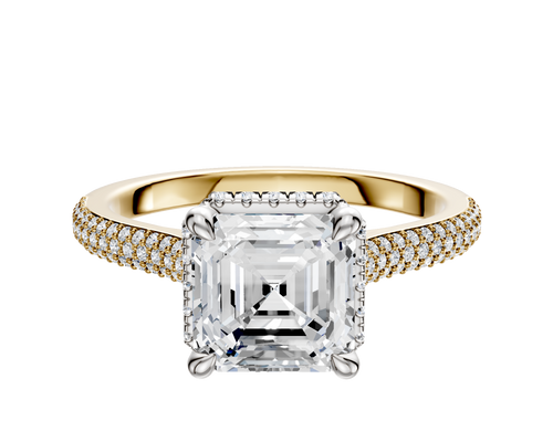 18K Two Tone 4 Prong Collar Cathedral Dome 3-Row-Pave 2.0mm Engagement Ring