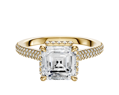18K Yellow Gold 4 Prong Collar Cathedral Dome 3-Row-Pave 2.0mm Engagement Ring