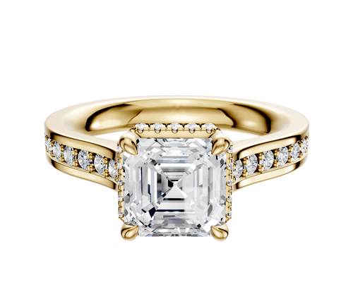 14K Yellow Gold 4 Prong Collar Cathedral Flat 1-Row-Pave 2.5mm Engagement Ring