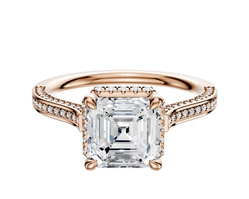 18K Rose Gold 4 Prong Collar Cathedral Flat 3-Row-Pave 2.0mm Engagement Ring