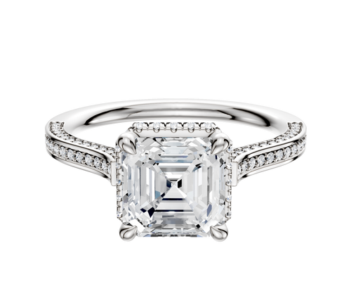 18K White Gold 4 Prong Collar Cathedral Flat 3-Row-Pave 2.0mm Engagement Ring