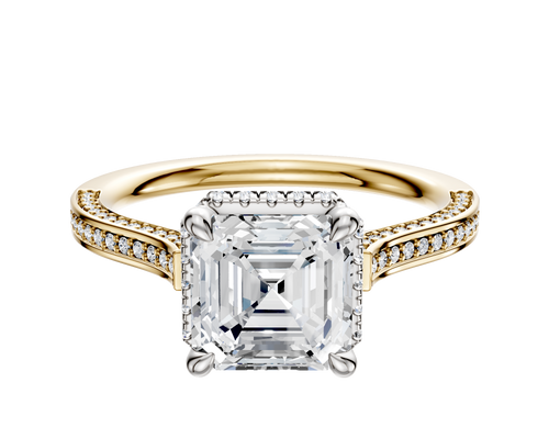 18K Two Tone 4 Prong Collar Cathedral Flat 3-Row-Pave 2.0mm Engagement Ring