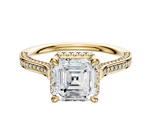 18K Yellow Gold 4 Prong Collar Cathedral Flat 3-Row-Pave 2.0mm Engagement Ring