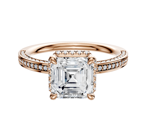 18K Rose Gold 4 Prong Collar Classic Flat 3-Row-Pave 2.0mm Engagement Ring