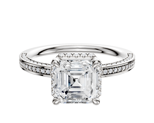 14K White Gold 4 Prong Collar Classic Flat 3-Row-Pave 2.0mm Engagement Ring