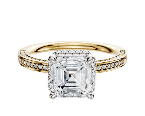 18K Two Tone 4 Prong Collar Classic Flat 3-Row-Pave 2.0mm Engagement Ring