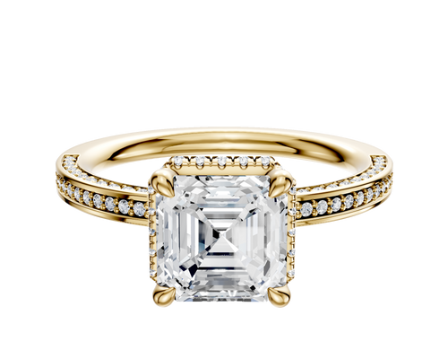 18K Yellow Gold 4 Prong Collar Classic Flat 3-Row-Pave 2.0mm Engagement Ring