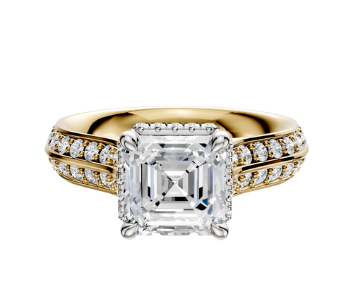 18K Two Tone 4 Prong Collar Cathedral Knife Edge 1-Row-Pave 2.5mm Engagement Ring