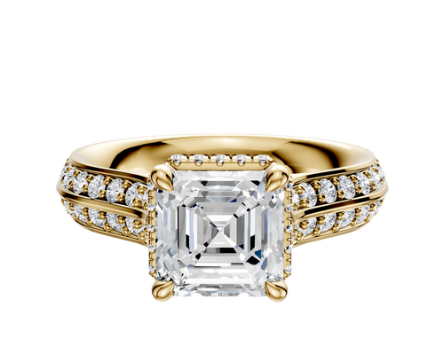 18K Yellow Gold 4 Prong Collar Cathedral Knife Edge 1-Row-Pave 2.5mm Engagement Ring