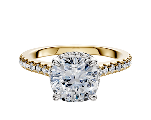 14K Two Tone 4 Prong Collar Cathedral Dome 1-Row-Pave 2.5mm Engagement Ring