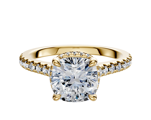14K Yellow Gold 4 Prong Collar Cathedral Dome 1-Row-Pave 2.5mm Engagement Ring