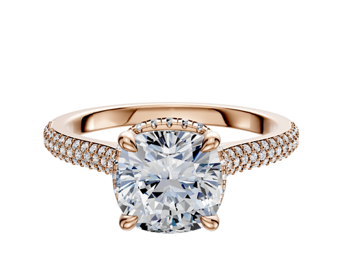 18K Rose Gold 4 Prong Collar Cathedral Dome 3-Row-Pave 2.0mm Engagement Ring