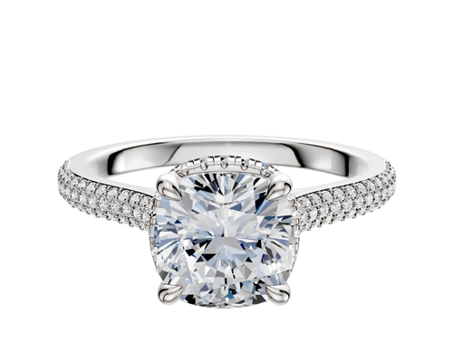 18K White Gold 4 Prong Collar Cathedral Dome 3-Row-Pave 2.0mm Engagement Ring