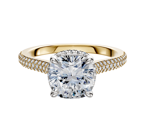 18K Two Tone 4 Prong Collar Cathedral Dome 3-Row-Pave 2.0mm Engagement Ring