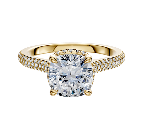 18K Yellow Gold 4 Prong Collar Cathedral Dome 3-Row-Pave 2.0mm Engagement Ring