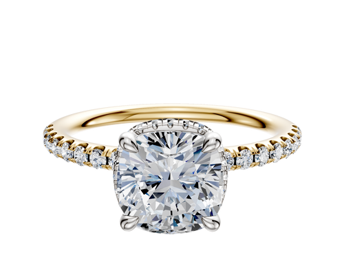14K Two Tone 4 Prong Collar Classic Dome 1-Row-Pave 2.5mm Engagement Ring