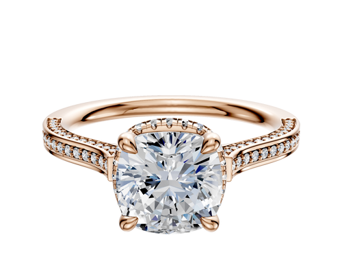 18K Rose Gold 4 Prong Collar Cathedral Flat 3-Row-Pave 2.0mm Engagement Ring