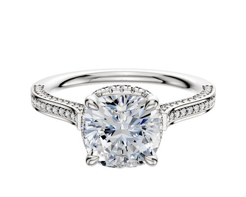 18K White Gold 4 Prong Collar Cathedral Flat 3-Row-Pave 2.0mm Engagement Ring
