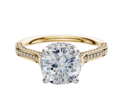 18K Two Tone 4 Prong Collar Cathedral Flat 3-Row-Pave 2.0mm Engagement Ring