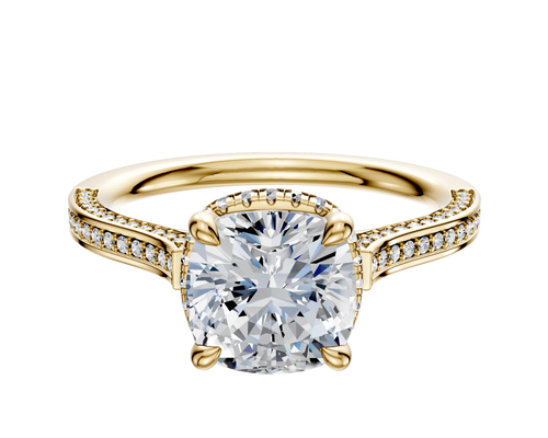 14K Yellow Gold 4 Prong Collar Cathedral Flat 3-Row-Pave 2.0mm Engagement Ring