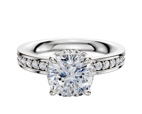 14K White Gold 4 Prong Collar Classic Flat 1-Row-Pave 2.5mm Engagement Ring
