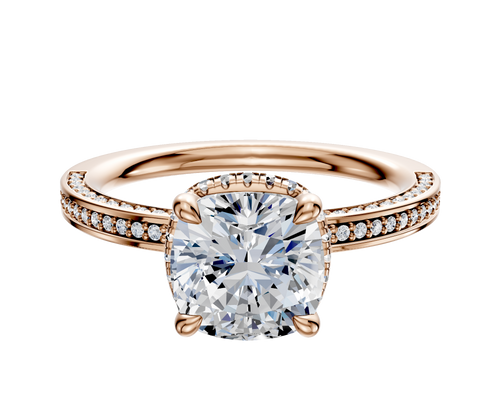 18K Rose Gold 4 Prong Collar Classic Flat 3-Row-Pave 2.0mm Engagement Ring