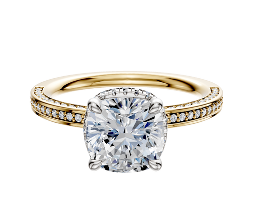 18K Two Tone 4 Prong Collar Classic Flat 3-Row-Pave 2.0mm Engagement Ring