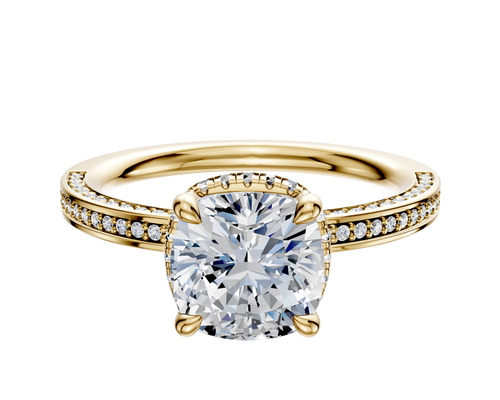 14K Yellow Gold 4 Prong Collar Classic Flat 3-Row-Pave 2.0mm Engagement Ring