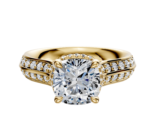 14K Yellow Gold 4 Prong Collar Cathedral Knife Edge 1-Row-Pave 2.5mm Engagement Ring