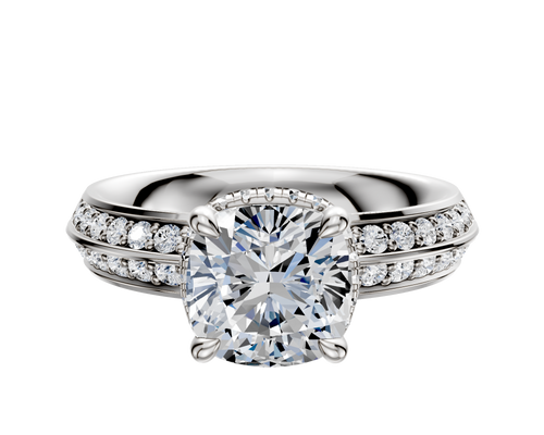 14K White Gold 4 Prong Collar Classic Knife Edge 1-Row-Pave 2.5mm Engagement Ring