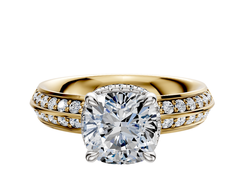 18K Two Tone 4 Prong Collar Classic Knife Edge 1-Row-Pave 2.5mm Engagement Ring