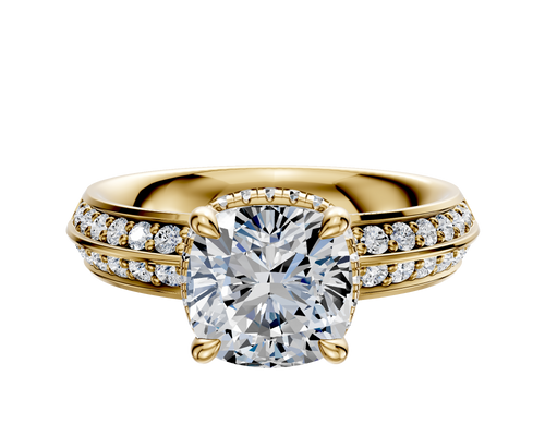 14K Yellow Gold 4 Prong Collar Classic Knife Edge 1-Row-Pave 2.5mm Engagement Ring