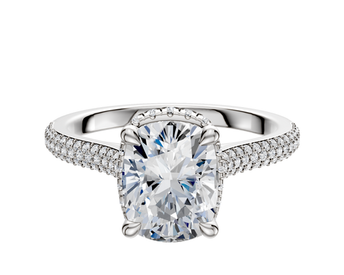 18K White Gold 4 Prong Collar Cathedral Dome 3-Row-Pave 2.0mm Engagement Ring