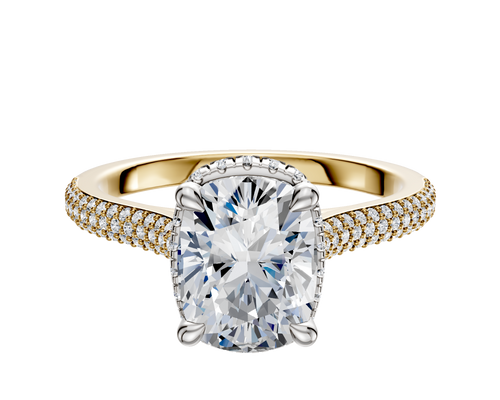 14K Two Tone 4 Prong Collar Cathedral Dome 3-Row-Pave 2.0mm Engagement Ring