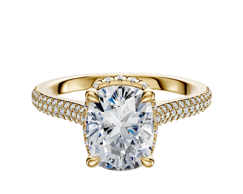 14K Yellow Gold 4 Prong Collar Cathedral Dome 3-Row-Pave 2.0mm Engagement Ring