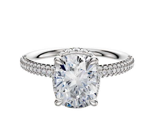 14K White Gold 4 Prong Collar Classic Dome 3-Row-Pave 2.0mm Engagement Ring