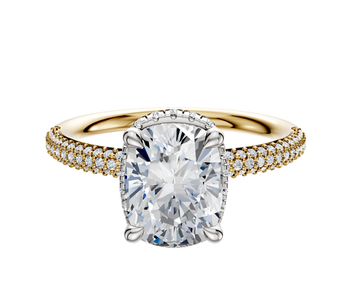 14K Two Tone 4 Prong Collar Classic Dome 3-Row-Pave 2.0mm Engagement Ring