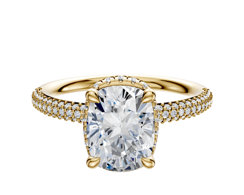 18K Yellow Gold 4 Prong Collar Classic Dome 3-Row-Pave 2.0mm Engagement Ring