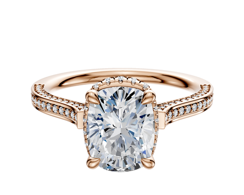 18K Rose Gold 4 Prong Collar Cathedral Flat 3-Row-Pave 2.0mm Engagement Ring