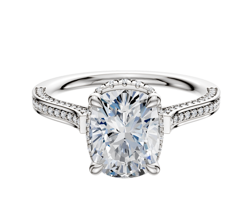 14K White Gold 4 Prong Collar Cathedral Flat 3-Row-Pave 2.0mm Engagement Ring